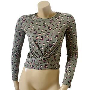 Frayed Crop Top Womens XS Twist Front Leopard Print Tie Back Long Sleeve